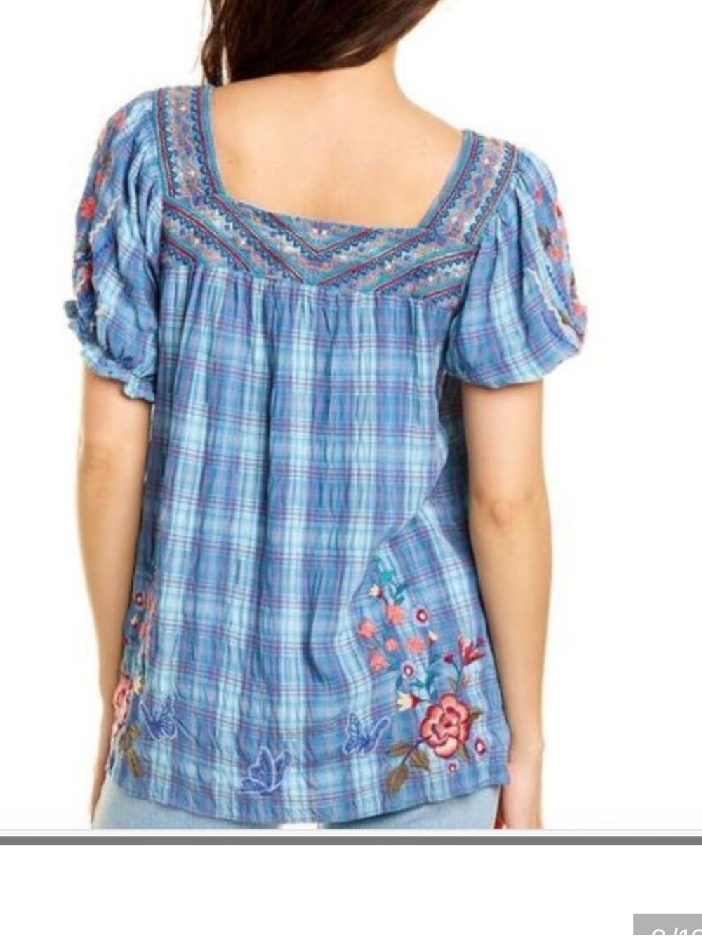 JOHNNY WAS Blue Plaid Embroidered Aimee Puff Sleeve Peasant Top Women's LARGE - Picture 2 of 8